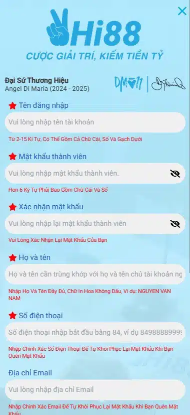 Nhập thông tin và đăng ký tài khoản Hi88